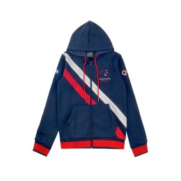 Manufacture of royal blue long-sleeved hooded sweatshirt jacket, women's zipper sweatshirt jacket, contrasting color hood cord, spliced color patch strips, Pony Club Z627 Manufacture of royal blue long-sleeved hooded sweatshirt jacket, women's zipper sweatshirt jacket, contrasting color hood cord, spliced color patch strips, Pony Club Z627